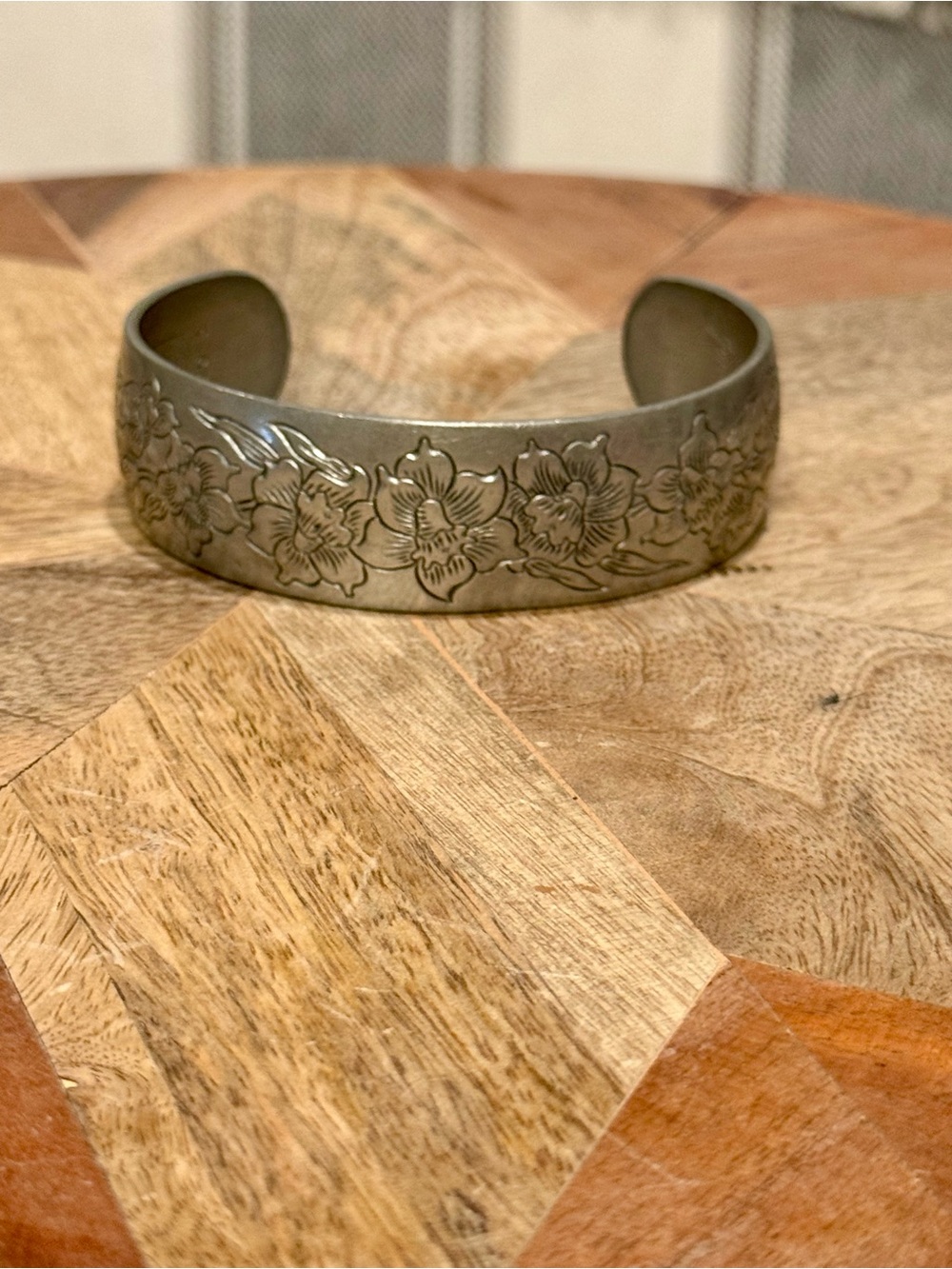 Floral-Engraved Metal Cuff Bracelet - Silver Tone